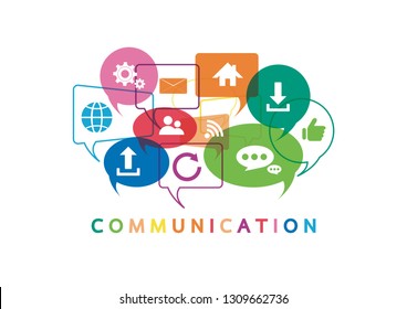 Vector illustration of a communication concept. The word communication with colorful dialog speech bubbles