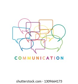Vector illustration of a communication concept. The word communication with colorful dialog speech bubbles