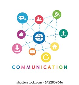 Vector illustration of a communication concept. The word communication with colorful dialog speech bubbles