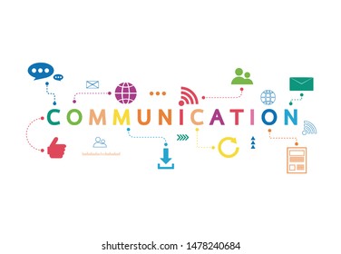 Vector illustration of a communication concept. The word communication with colorful dialog speech bubbles