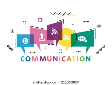 Vector illustration of a communication concept. The word communication with colorful dialog speech bubbles