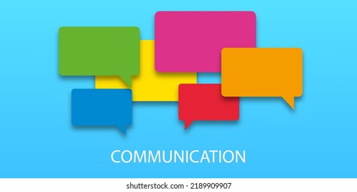 Vector illustration of communication concept. Word communication with colorful dialog speech bubbles. Paper cut style on blue background