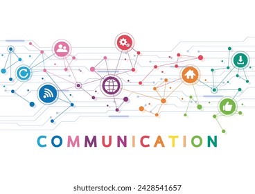 Vector illustration of a communication concept. The word communication with colorful dialog speech bubbles