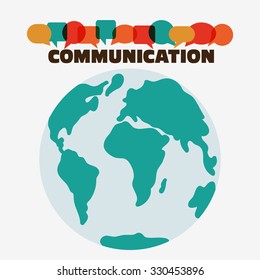 Vector illustration of a communication concept. The word "communication" with colorful dialog speech bubbles with world map background. Flat modern design style