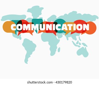 Vector illustration of a communication concept. The word "communication" with colorful dialog speech bubbles