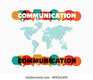 Vector illustration of a communication concept. The word "communication" with colorful dialog speech bubbles over world map