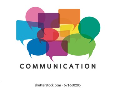 Vector illustration of a communication concept. The word communication with colorful dialog speech bubbles