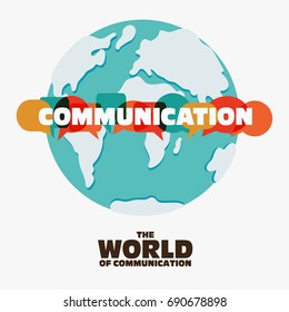 Vector illustration of a communication concept. The word "communication" with colorful dialog speech bubbles over world map