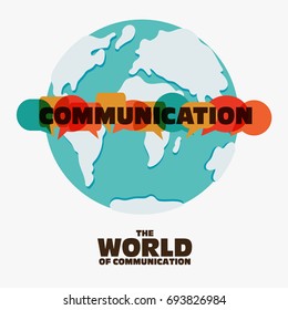 Vector illustration of a communication concept. The word "communication" with colorful dialog speech bubbles over world map