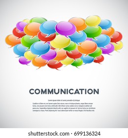 Vector illustration of a communication concept. The word "communication" with colorful dialog speech bubbles
