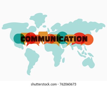 Vector illustration of a communication concept. The word "communication" with colorful dialog speech bubbles