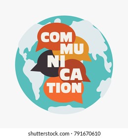 Vector illustration of a communication concept. The word "communication" with colorful dialog speech bubbles