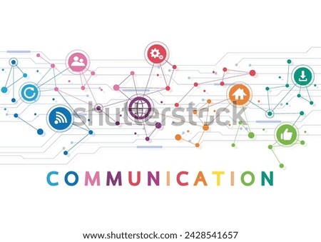 Vector illustration of a communication concept. The word communication with colorful dialog speech bubbles