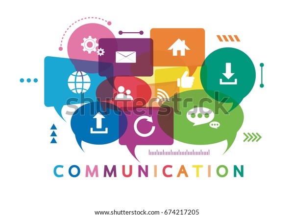 Vector illustration\
of a communication concept. The word communication with colorful\
dialog speech bubbles
