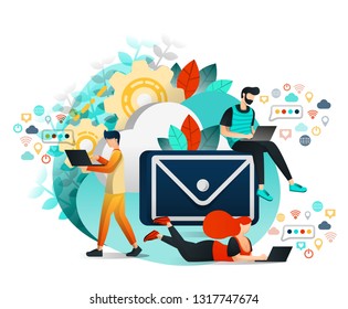 Vector Illustration of Communication and Internet, Group of People who Communicating, Learning and Working With Each Other. Young People Using Email and Website Technology. Flat Cartoon Style
