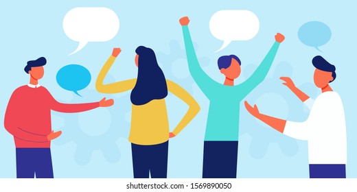 Vector illustration of communication of people in complaining search of solutions to problems, use in web-projects and applications, collective thinking. Team work business people group 