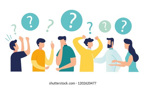 Vector illustration of communication of people in search of solutions to problems, use in web-projects and applications, collective thinking