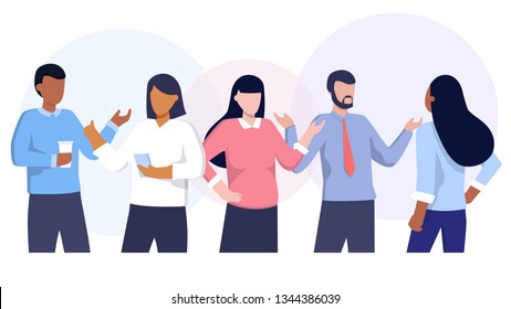 Vector illustration of communication of people in search of solutions to problems, use in web-projects and applications, collective thinking.  Ethnic business people group. Office workers talking.