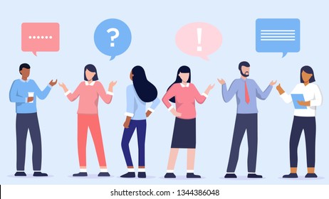 Vector Illustration Of Communication Of People In Search Of Solutions To Problems, Use In Web-projects And Applications, Collective Thinking. Ethnic Business People Group Full Length Team