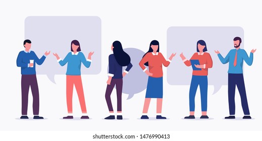 Vector illustration of communication of people in search of solutions to problems, use in web-projects and applications, collective thinking.  business people group full length team