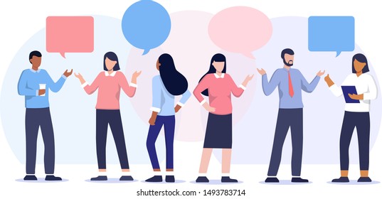 Vector illustration of communication of people in search of solutions problems, use in web-projects and applications, collective thinking. Ethnic business people group full length team, speech bubble