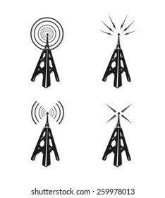 A Vector Illustration Of Communication Radio Towers. Radio Communication Towers. Vintage Radio Communications And Broadcast.