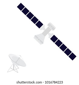 Vector illustration communication satellite icon with solar cells, battery. Satellite dish antenna. Radar flat con.