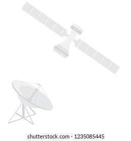 Vector illustration communication satellite icon with solar cells, battery. Satellite dish antenna. Radar flat con.