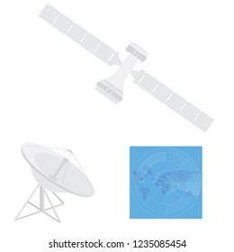 Vector illustration communication satellite icon with solar cells, battery. Satellite dish antenna. Radar with targets on monitor