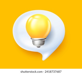 Ilustración vectorial de la burbuja del habla de comunicación con bombilla de brillo y sombra sobre fondo amarillo. Diseño de 3d estilo burbuja de habla con bombilla eléctrica para web, banner de ahorro de energía, afiche