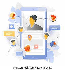 Vector illustration of communication via the Internet, social networking, chat, messages, searching friends, mobile web graphics.