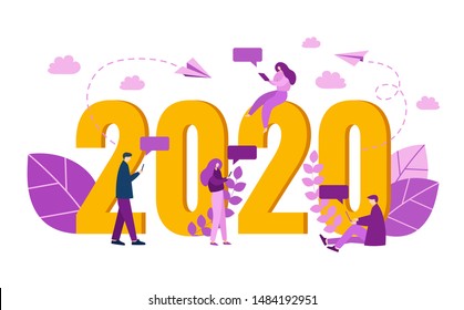 Vector illustration of communication via the Internet, social networking, chat, search friends, sending messages in 2020 year.