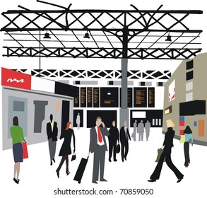 Vector illustration of commuters and business people  at London railway station, England.