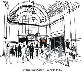 Vector illustration of commuters and cafe in Wellington Railway Station, New Zealand