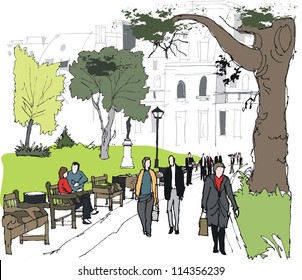 Vector illustration of commuters in city park, London England.