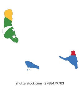 Vector illustration of Comoros in the shape of its island archipelago outline, filled with the Comorian flag colors. Clean flat design featuring yellow, white, red, blue, and green horizontal bands with a crescent and stars emblem. Minimal geographic silhouette suitable for education, travel, and infographic use. Isolated scalable composition for digital and print projects.
