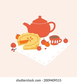 Vector illustration comosition with apple pie, tea pot and apples. Fall mood concept