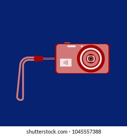 Vector illustration of compact digital camera with wrist strap on a dark blue background. Wifi technology. Flat style.