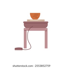 Vector illustration of a compact potter's wheel with a pedal and a vase standing on a table. Ideal for creating works of art from clay on a white background