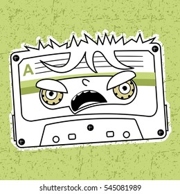 Vector illustration compact tape cassettes. Cartoon character. Pop muisic 80s. Web graphics, banners, advertisements, stickers, labels, business templates, t-shirt. On a color background