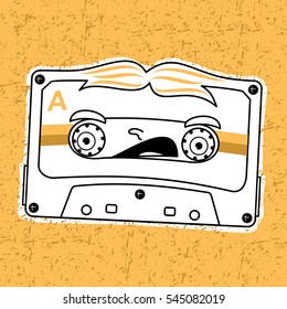 Vector illustration compact tape cassettes. Cartoon character. Pop muisic 80s. Web graphics, banners, advertisements, stickers, labels, business templates, t-shirt. On a color background