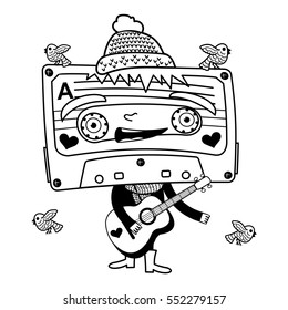 Vector illustration compact tape cassettes. Cartoon character. Pop muisic 80s. Web graphics, banners, advertisements, stickers, labels, business templates, t-shirt. Isolated on a white background