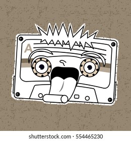 Vector illustration compact tape cassettes. Cartoon character. Pop muisic 80s. Web graphics, banners, advertisements, stickers, labels, business templates, t-shirt. Isolated on a color background