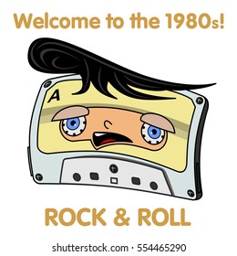 Vector illustration compact tape cassettes. Cartoon character. Pop muisic 80s. Web graphics, banners, advertisements, stickers, labels, business templates, t-shirt. Isolated on a white background