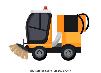 Vector illustration of a compact yellow municipal road cleaner machine with a front brush. Isolated on white background.