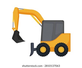 Vector illustration of a compact yellow skid steer loader with an attached backhoe excavator arm. Isolated on white background.