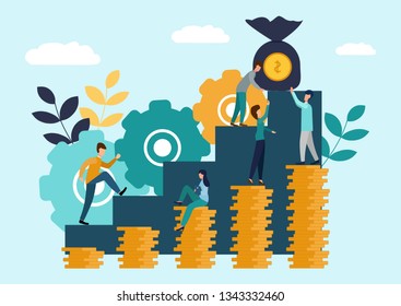 Vector illustration, the company is engaged in joint construction and the cultivation of cash profits, career growth to success, business analysis, flat style. New ideas