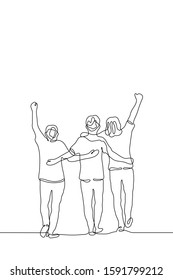 Vector illustration company friends in one black outline  The silhouette three close people who go somewhere   rejoice  Continuous line drawing in sketch style  Can be used for animation