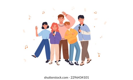 Vector illustration of a company of joyful young people with microphones who perform together. The musical group sings at the event. An example of how music brings people together. Eurovision concept.