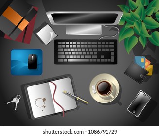 Vector Illustration. Company office work space, table from top view with computer with key board, notes, coffee with sugar, paper for planning, wallet and cards, keys from a car and mobile phone.